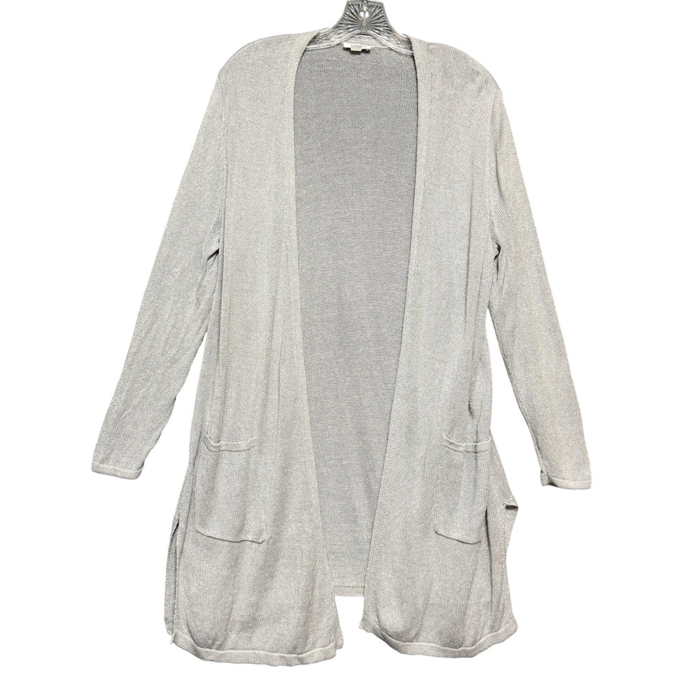 J. Jill Cardigan Womens L Grey Linen Blend Open Front Longline Lagenlook Grandma